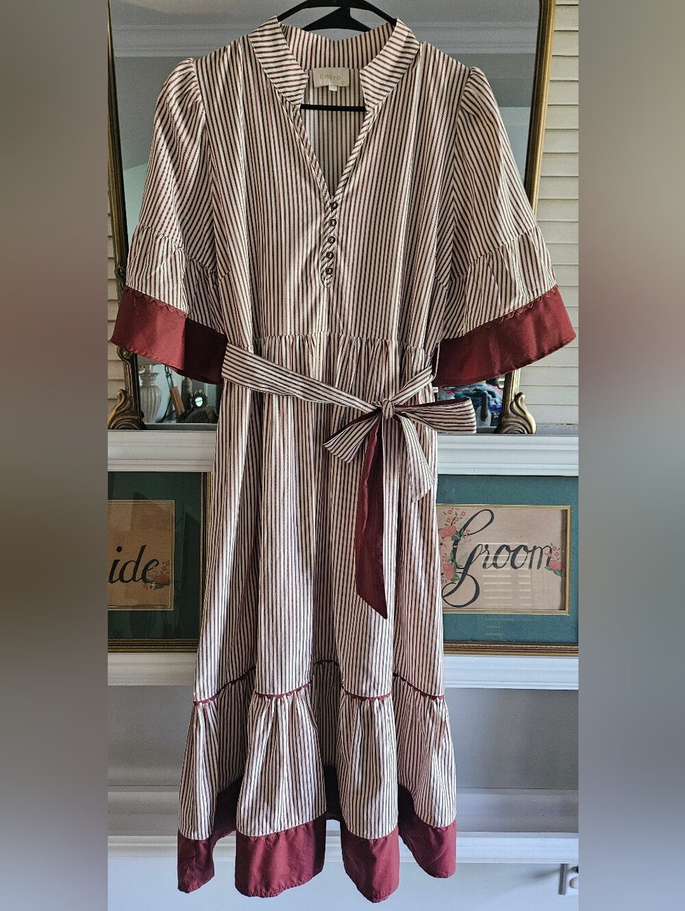 Entro Burgundy & Ivory Striped Tiered Midi Dress | Size Large | NWOT - Picture 1 of 13